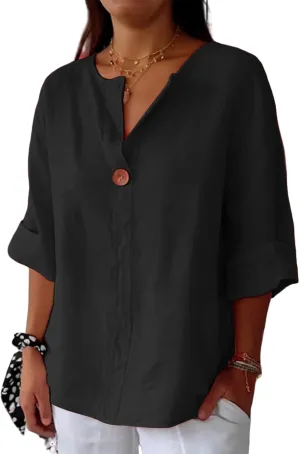 Women's Linen Shirt Casual Button V Neck Long Sleeve Shirts Breathable Lightweight Summer T Shirts Solid Blouses Tops