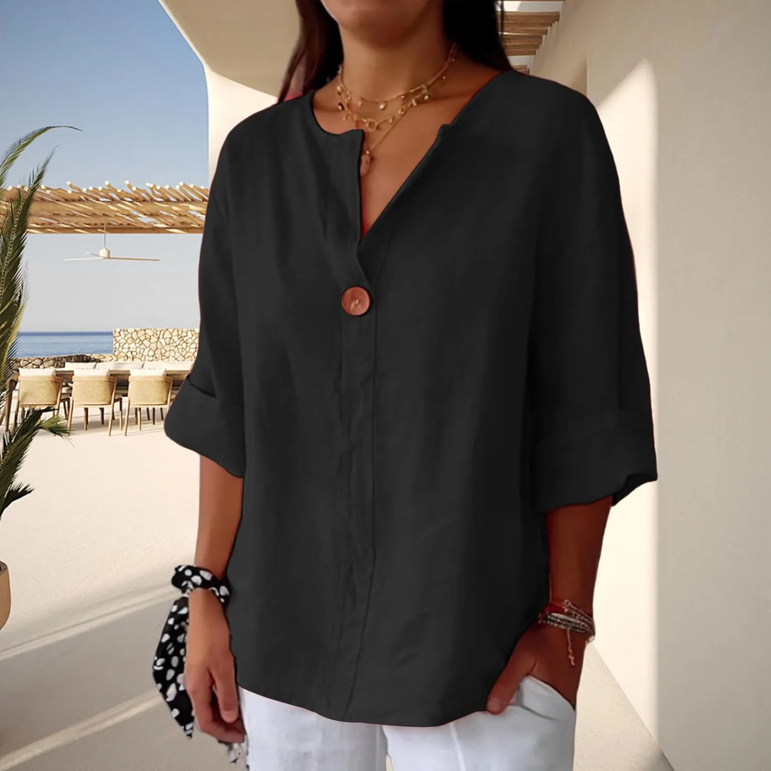 Women's Linen Shirt Casual Button V Neck Long Sleeve Shirts Breathable Lightweight Summer T Shirts Solid Blouses Tops
