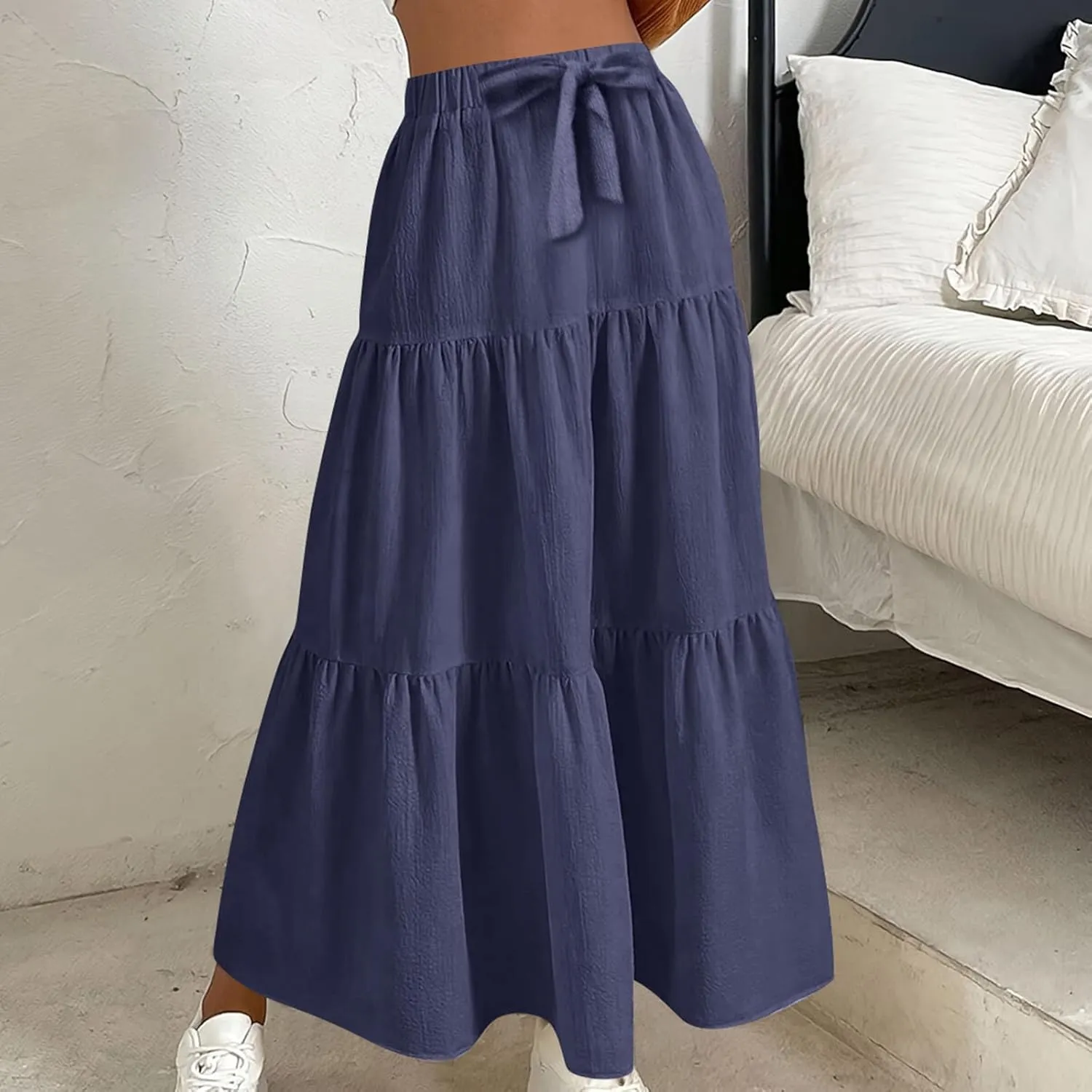 Womens Long Maxi Skirts Fashion Tiered Pleated A-Line Skirt Drawstring Waist Loose Solid Beach Travel Clothes 2025