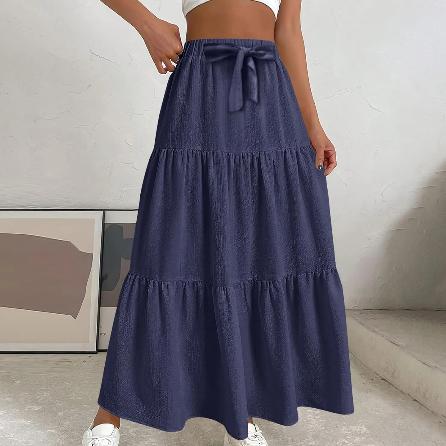 Womens Long Maxi Skirts Fashion Tiered Pleated A-Line Skirt Drawstring Waist Loose Solid Beach Travel Clothes 2025