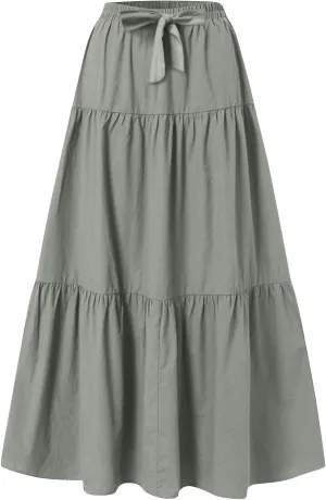 Womens Long Maxi Skirts Fashion Tiered Pleated A-Line Skirt Drawstring Waist Loose Solid Beach Travel Clothes 2025