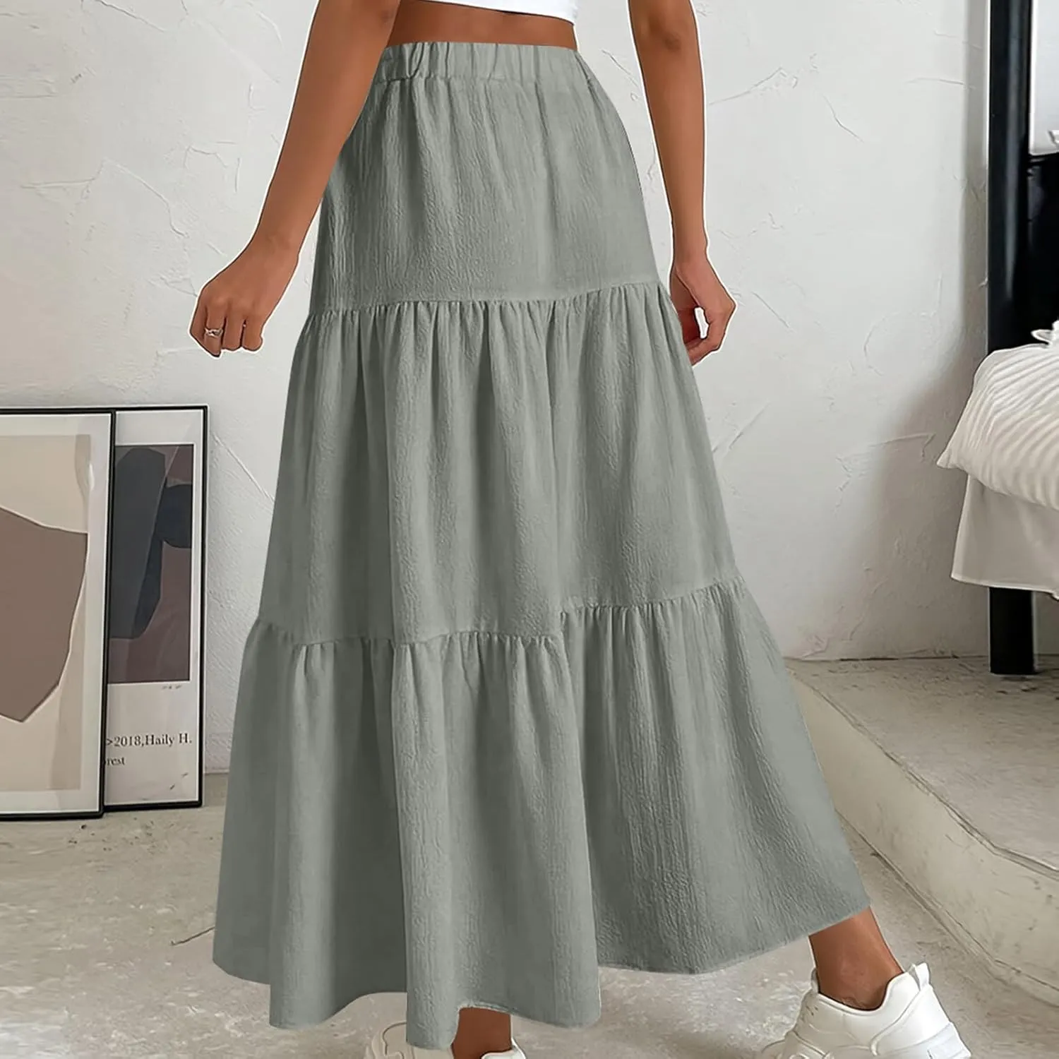 Womens Long Maxi Skirts Fashion Tiered Pleated A-Line Skirt Drawstring Waist Loose Solid Beach Travel Clothes 2025