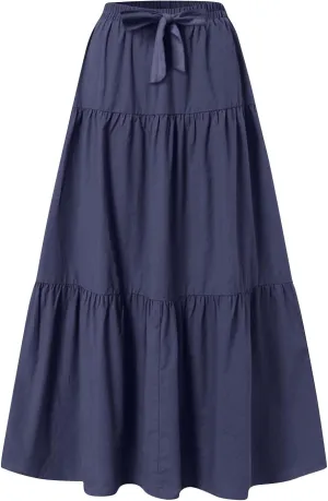 Womens Long Maxi Skirts Fashion Tiered Pleated A-Line Skirt Drawstring Waist Loose Solid Beach Travel Clothes 2025