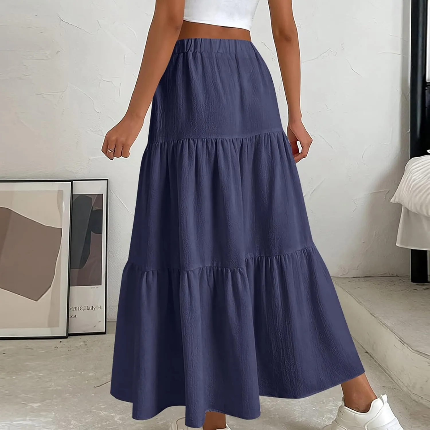 Womens Long Maxi Skirts Fashion Tiered Pleated A-Line Skirt Drawstring Waist Loose Solid Beach Travel Clothes 2025