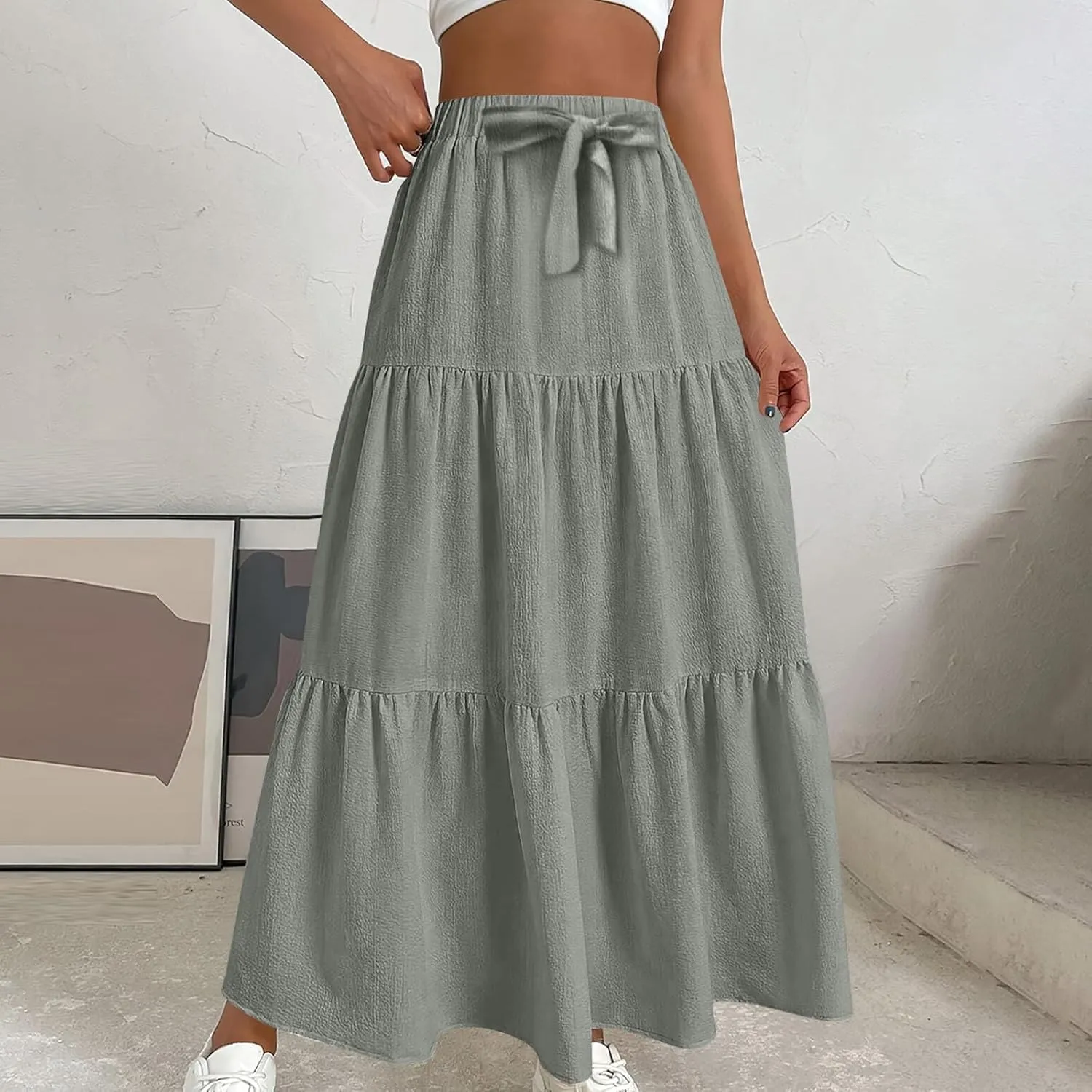 Womens Long Maxi Skirts Fashion Tiered Pleated A-Line Skirt Drawstring Waist Loose Solid Beach Travel Clothes 2025
