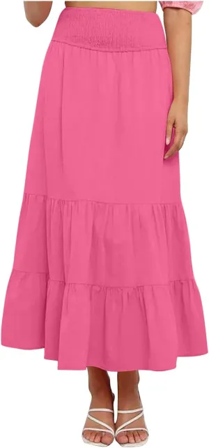 Women's Long Skirts A Line Summer Maxi Skirts High Waisted Tiered Boho Flowy Skirts Beach Vacation Casual Skirts