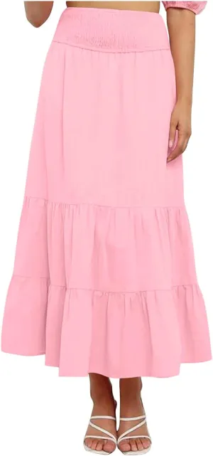 Women's Long Skirts A Line Summer Maxi Skirts High Waisted Tiered Boho Flowy Skirts Beach Vacation Casual Skirts
