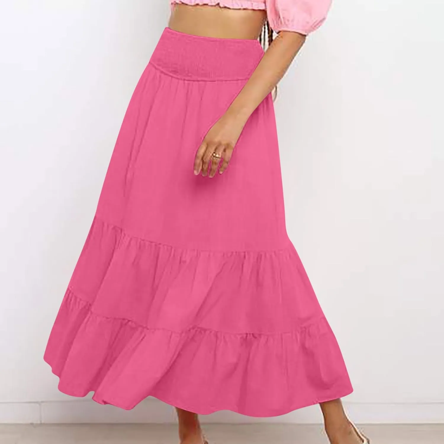 Women's Long Skirts A Line Summer Maxi Skirts High Waisted Tiered Boho Flowy Skirts Beach Vacation Casual Skirts