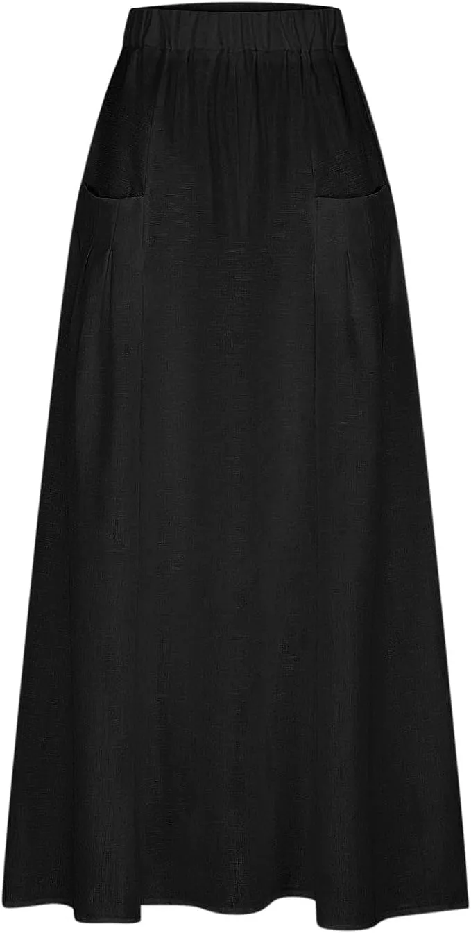Women's Long Summer Skirts A Line Boho Skirts with Pockets Plus Size Maxi Skirts High Waisted Comfy Beach Skirts