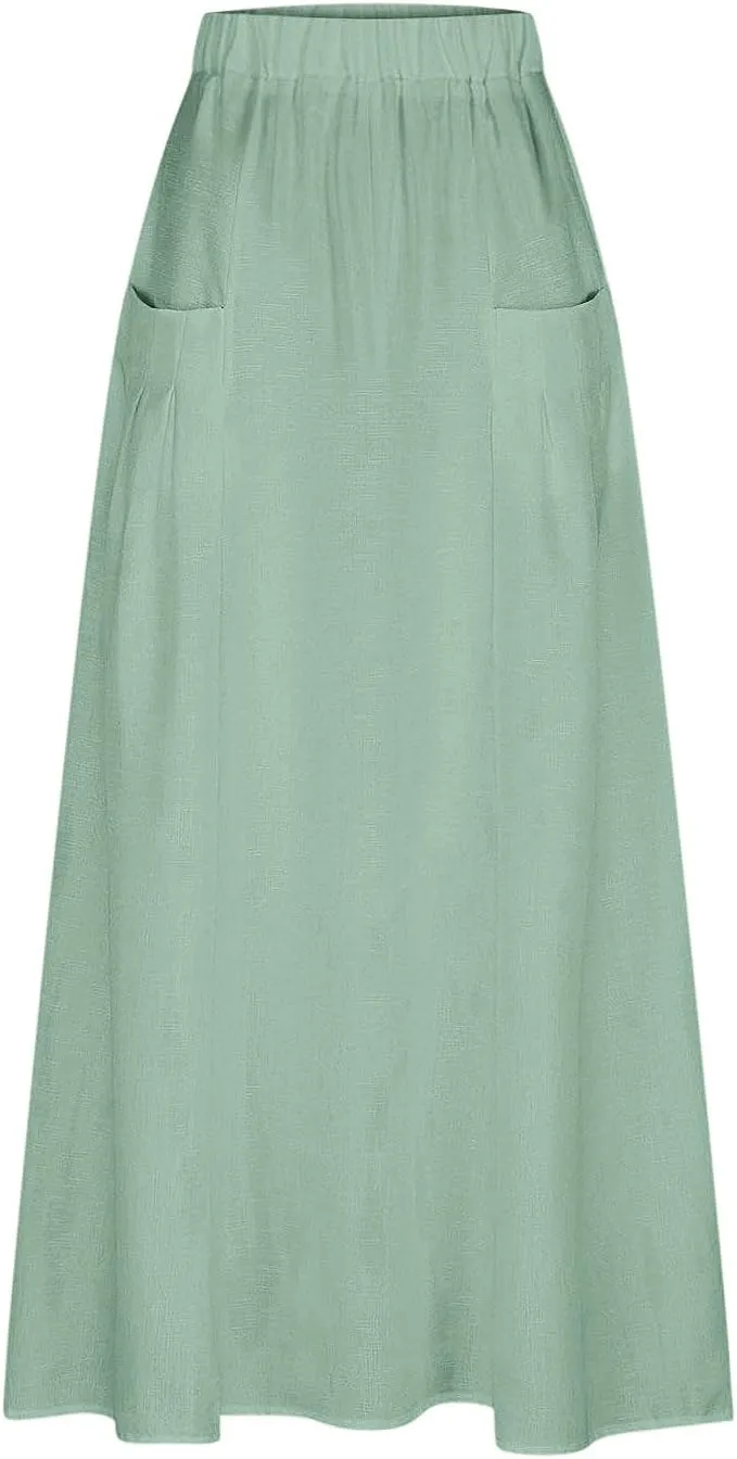 Women's Long Summer Skirts A Line Boho Skirts with Pockets Plus Size Maxi Skirts High Waisted Comfy Beach Skirts