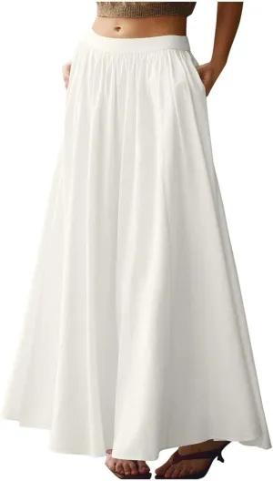Women's Long Summer Skirts Pleated A Line Maxi Skirts with Pockets Casual Flowy Skirts for Vacation Swing Boho Skirts