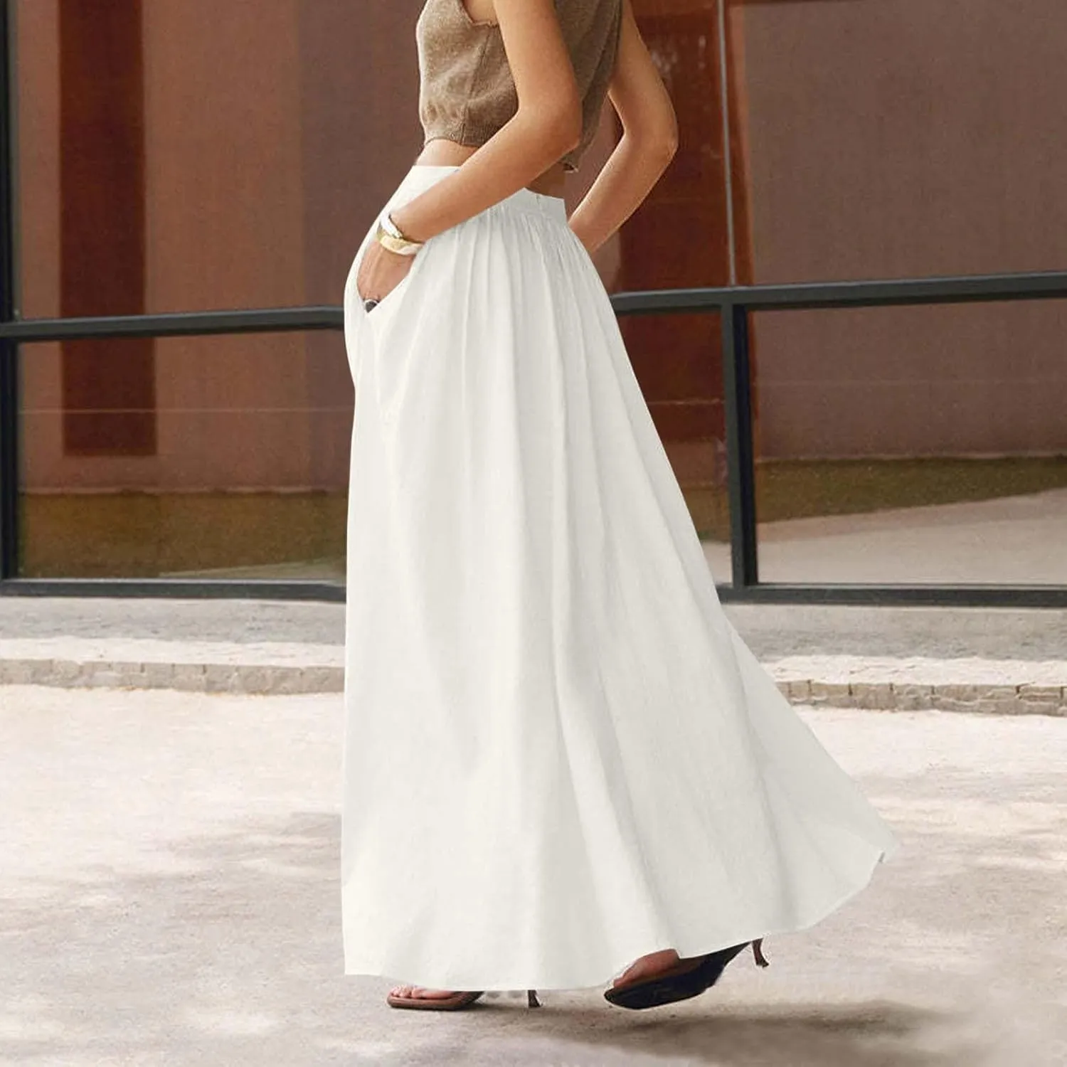 Women's Long Summer Skirts Pleated A Line Maxi Skirts with Pockets Casual Flowy Skirts for Vacation Swing Boho Skirts