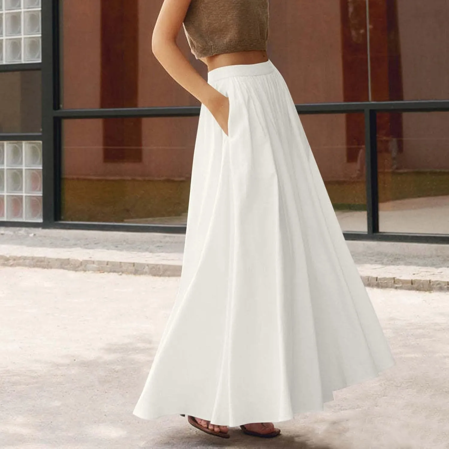 Women's Long Summer Skirts Pleated A Line Maxi Skirts with Pockets Casual Flowy Skirts for Vacation Swing Boho Skirts