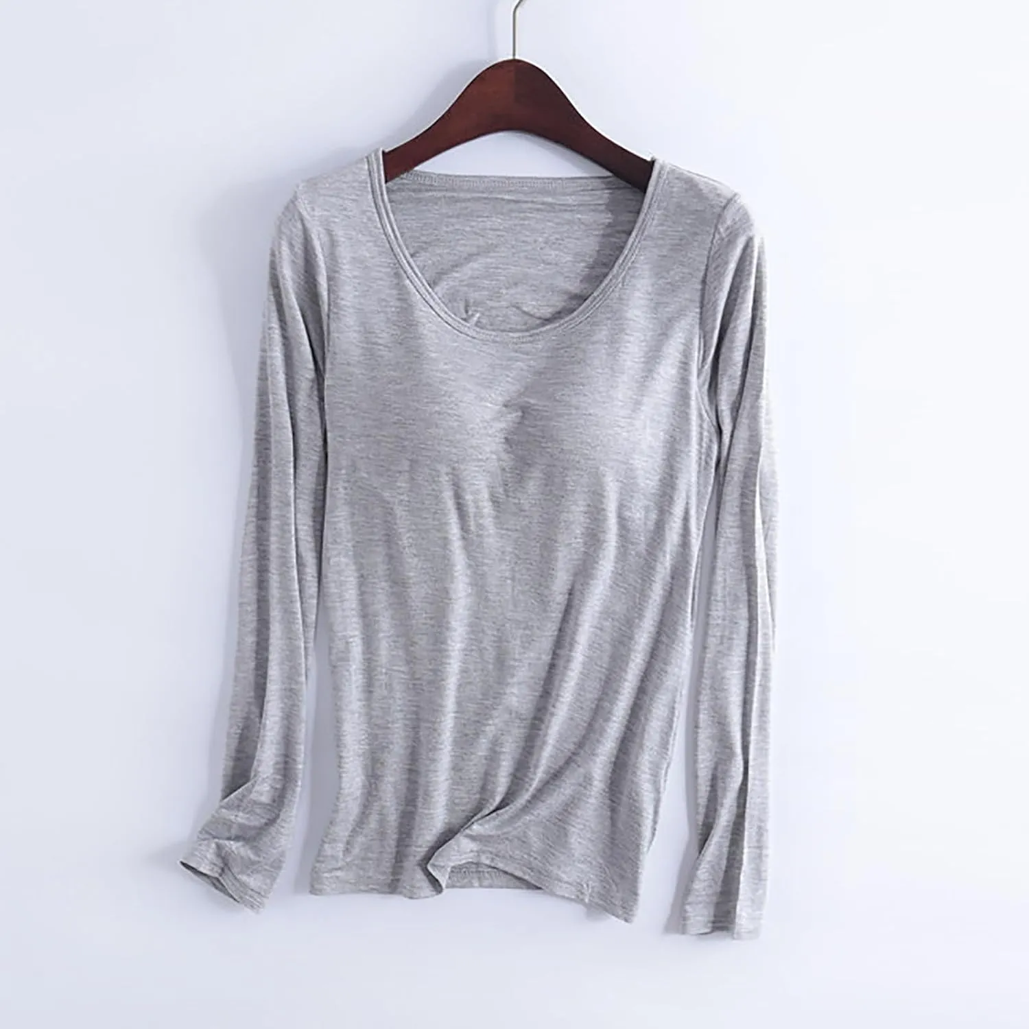 Womens Lounge Long Sleeve Tops Plain T Shirt with Built in Bra, Homewear Pajamas Top Comfy Workout Yoga Shirts