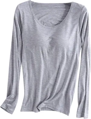 Womens Lounge Long Sleeve Tops Plain T Shirt with Built in Bra, Homewear Pajamas Top Comfy Workout Yoga Shirts