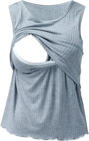 Womens Maternity Summer Sleeveless Ribbed Printed Tank Tops Pregnancy Vest For Breastfeeding With Breast Pads