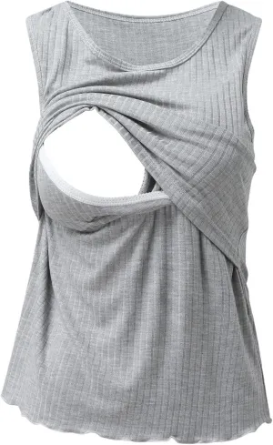 Womens Maternity Summer Sleeveless Ribbed Printed Tank Tops Pregnancy Vest For Breastfeeding With Breast Pads