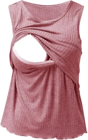 Womens Maternity Summer Sleeveless Ribbed Printed Tank Tops Pregnancy Vest For Breastfeeding With Breast Pads
