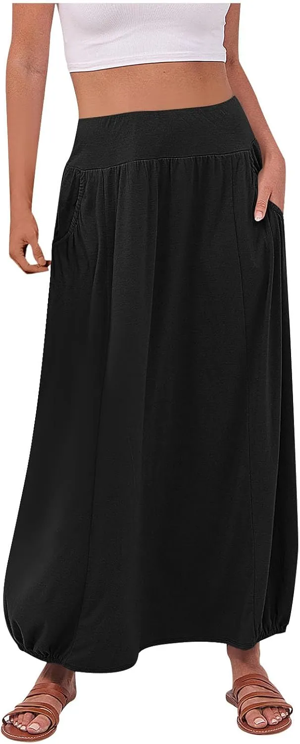 Women's Maxi Boho Skirts High Waisted Baggy Summer Skirts with Pockets Comfy Flowy Beach Skirts A Line Long Skirts