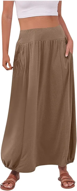 Women's Maxi Boho Skirts High Waisted Baggy Summer Skirts with Pockets Comfy Flowy Beach Skirts A Line Long Skirts