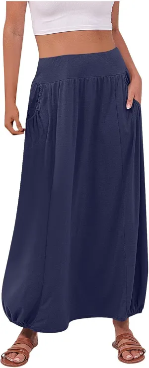 Women's Maxi Boho Skirts High Waisted Baggy Summer Skirts with Pockets Comfy Flowy Beach Skirts A Line Long Skirts