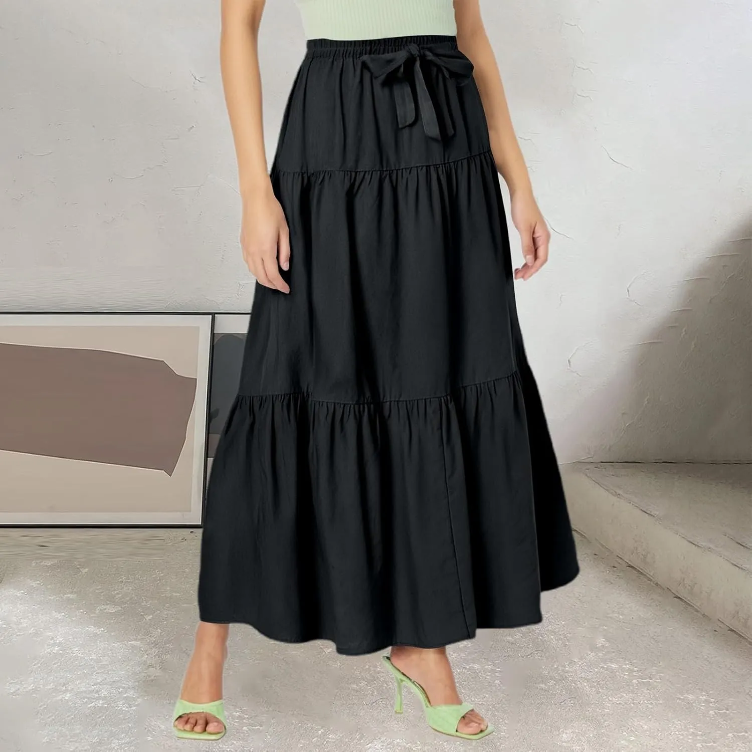 Womens Maxi Skirt High Waisted Elastic Tiered Flowy A-Line Ruffle with Pockets Beach Vacation Casual Comfy Dress
