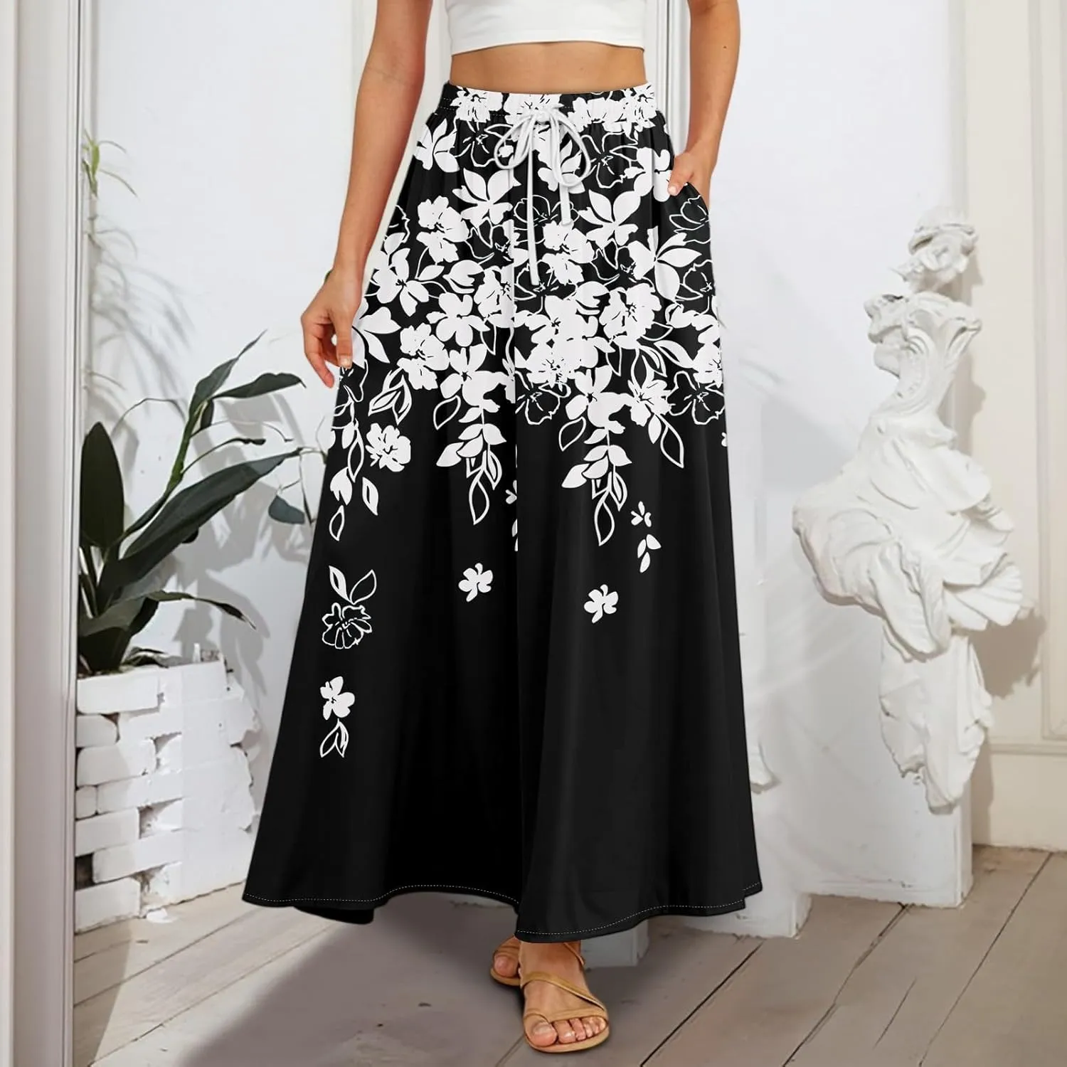 Women's Maxi Skirts Summer High Waisted Boho Wrap Skirt Smocked A Line Skirts Elegant Skirt Long with Pockets