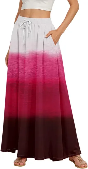 Women's Maxi Skirts Summer High Waisted Boho Wrap Skirt Smocked A Line Skirts Elegant Skirt Long with Pockets
