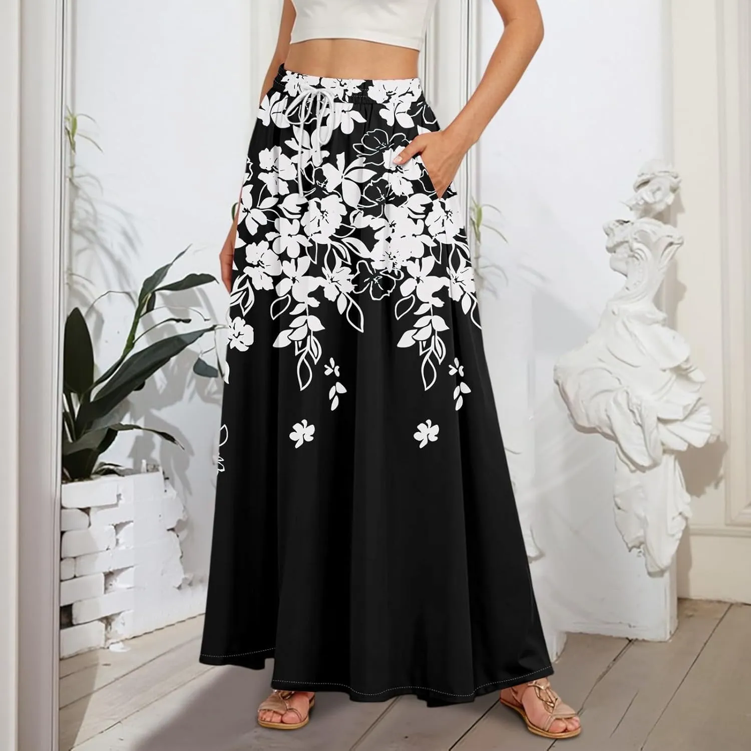 Women's Maxi Skirts Summer High Waisted Boho Wrap Skirt Smocked A Line Skirts Elegant Skirt Long with Pockets