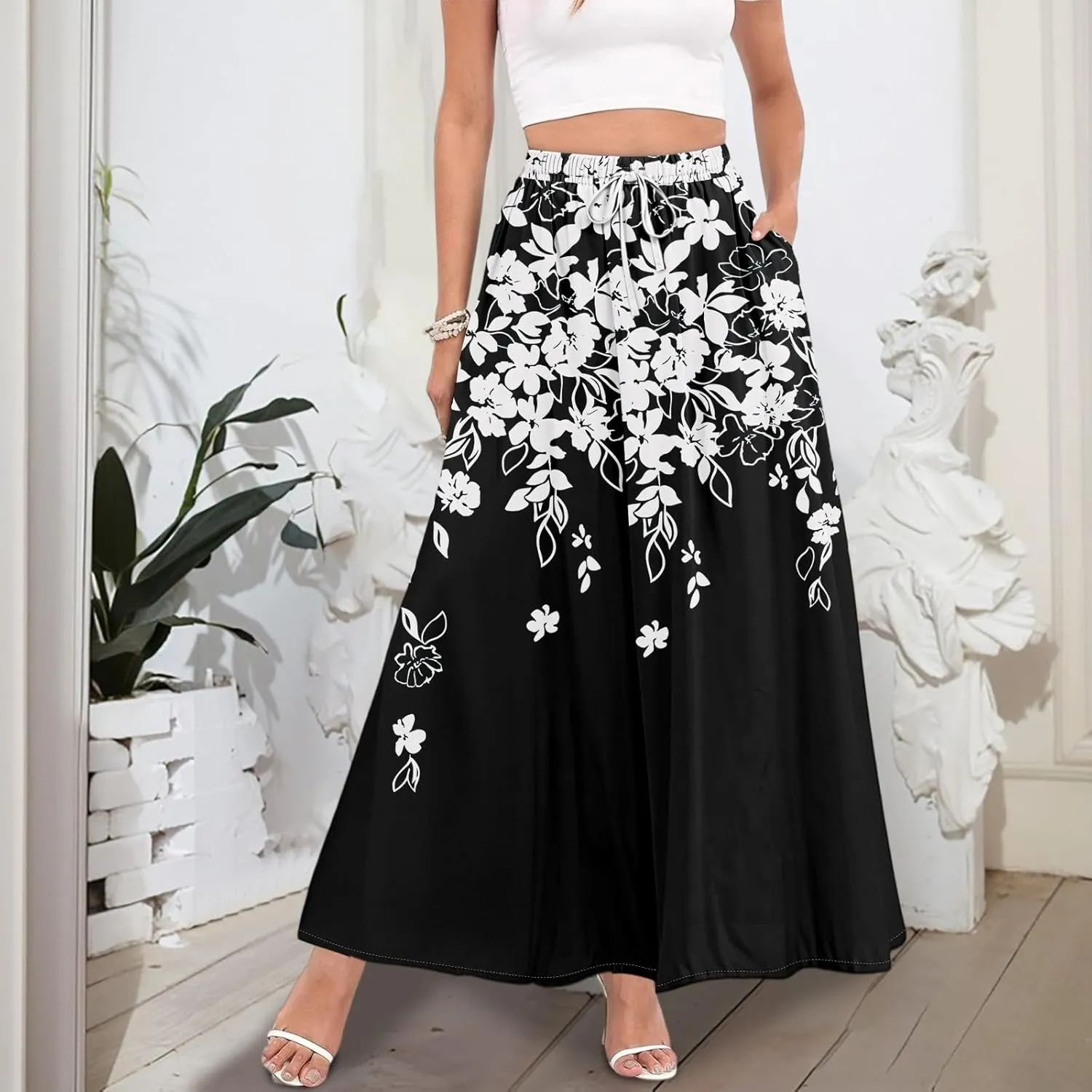 Women's Maxi Skirts Summer High Waisted Boho Wrap Skirt Smocked A Line Skirts Elegant Skirt Long with Pockets
