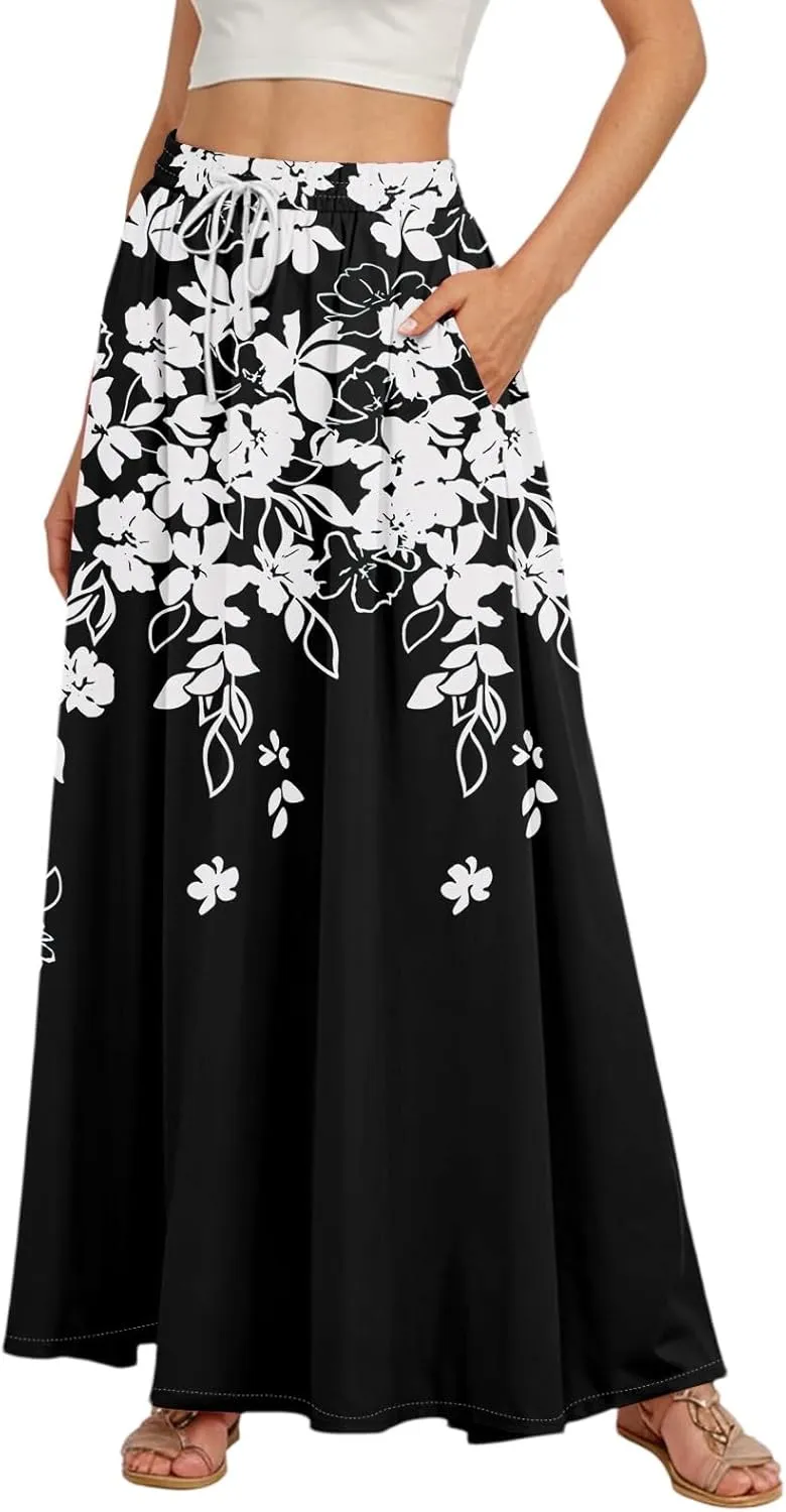 Women's Maxi Skirts Summer High Waisted Boho Wrap Skirt Smocked A Line Skirts Elegant Skirt Long with Pockets