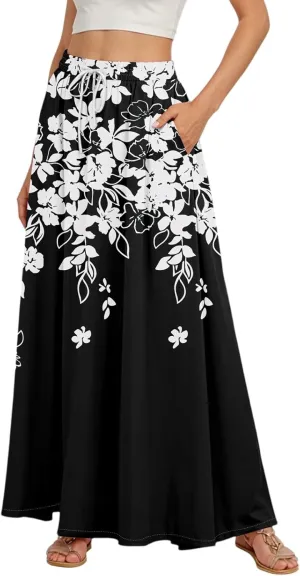 Women's Maxi Skirts Summer High Waisted Boho Wrap Skirt Smocked A Line Skirts Elegant Skirt Long with Pockets