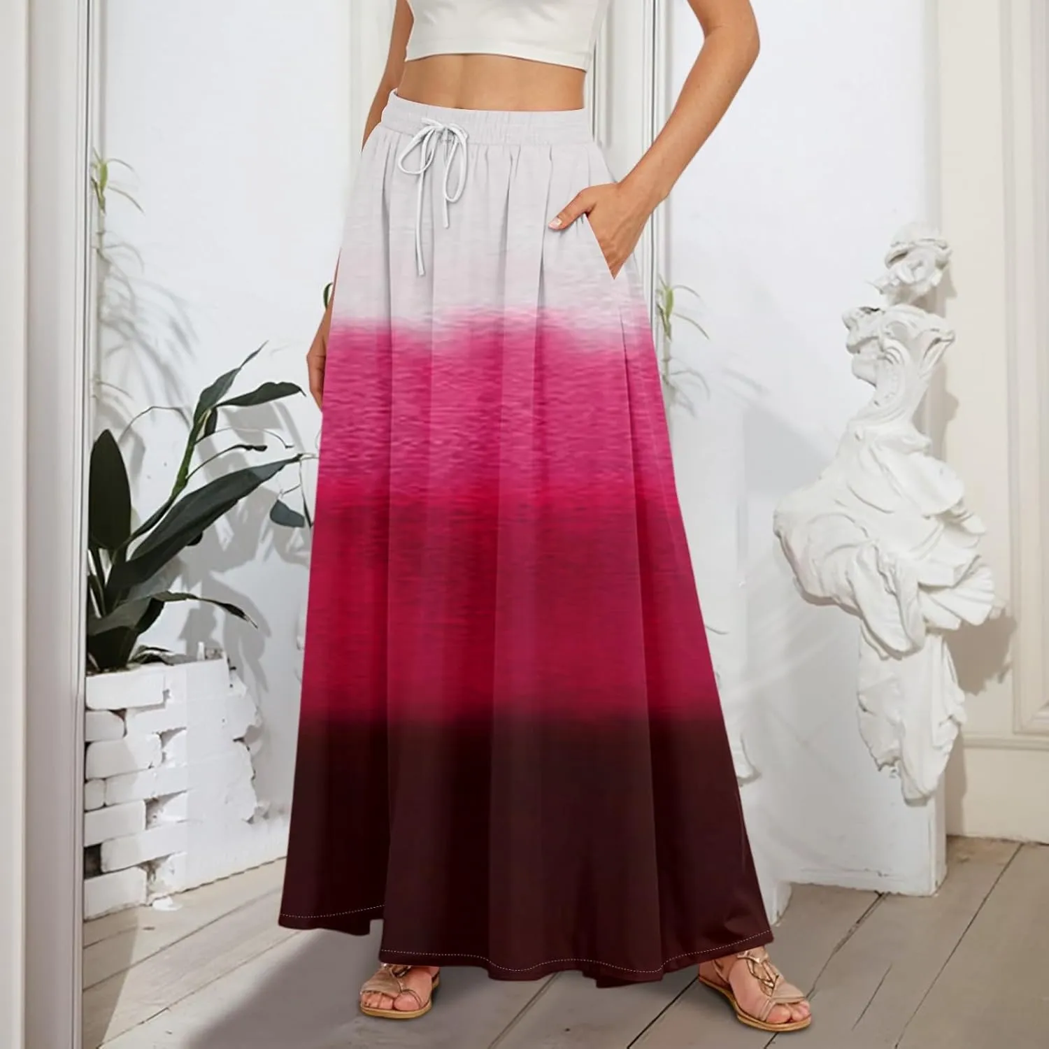 Women's Maxi Skirts Summer High Waisted Boho Wrap Skirt Smocked A Line Skirts Elegant Skirt Long with Pockets