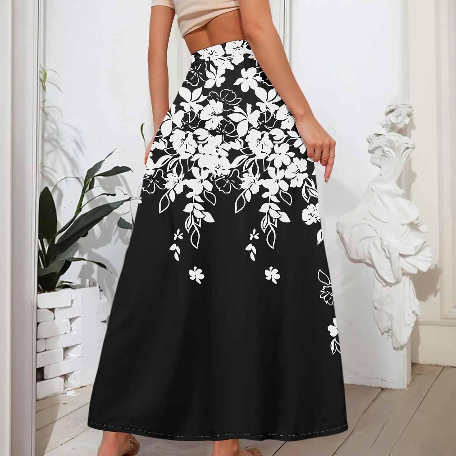 Women's Maxi Skirts Summer High Waisted Boho Wrap Skirt Smocked A Line Skirts Elegant Skirt Long with Pockets