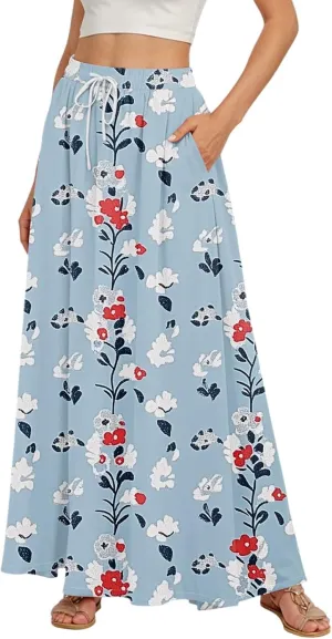 Women's Maxi Skirts Summer High Waisted Boho Wrap Skirt Smocked A Line Skirts Elegant Skirt Long with Pockets