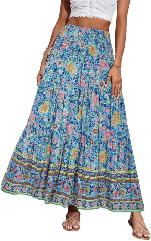 Women's Maxi Skirts Summer Tiered Drawstring Elastic High Waisted Skirt Pleated Aline Skirt Casual Flowy Long Skirt