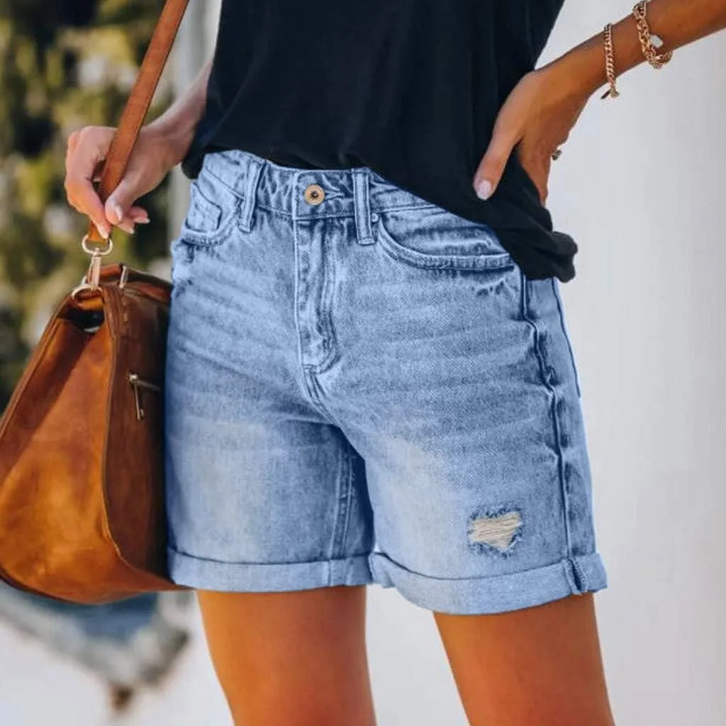 Women's Mid-Rise Denim Shorts,High-Waisted Stretch Fashion Hole Bottom Denim Pants,Comfortable Summer