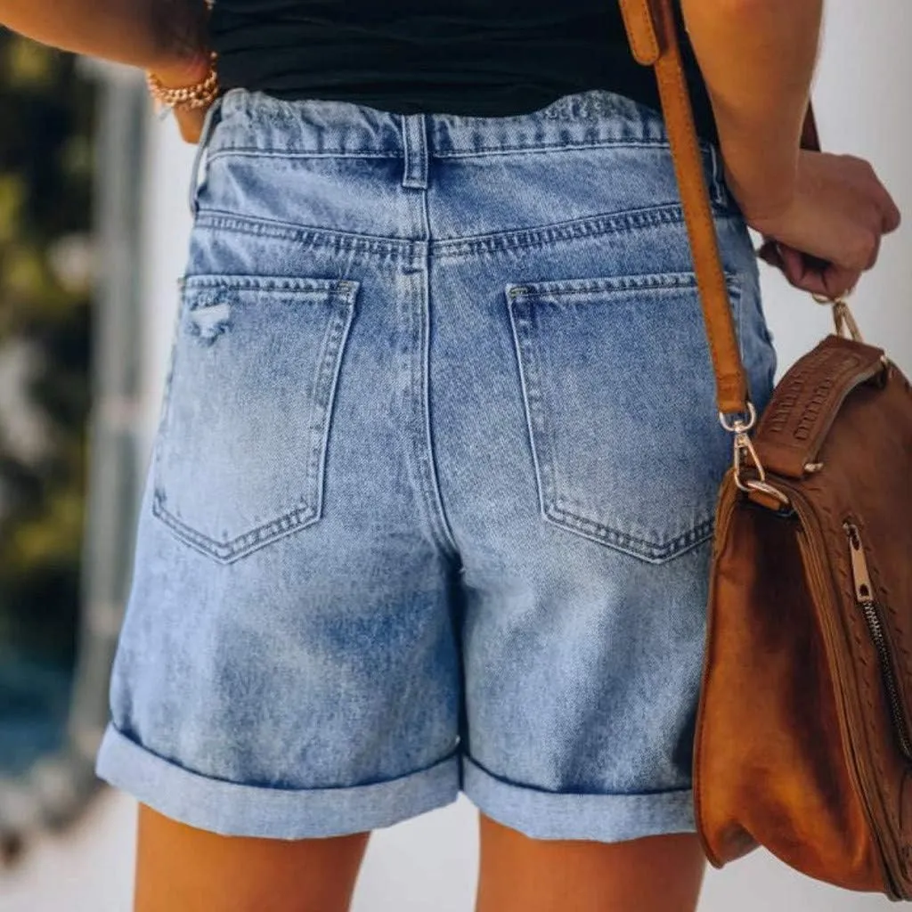 Women's Mid-Rise Denim Shorts,High-Waisted Stretch Fashion Hole Bottom Denim Pants,Comfortable Summer