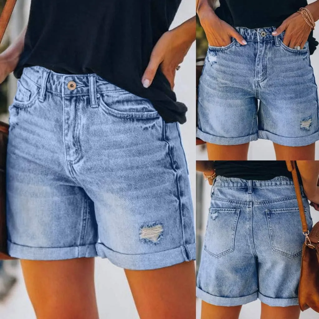 Women's Mid-Rise Denim Shorts,High-Waisted Stretch Fashion Hole Bottom Denim Pants,Comfortable Summer