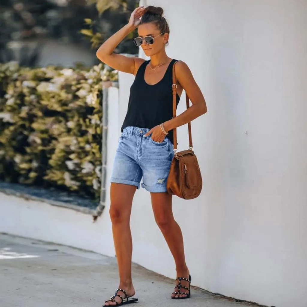Women's Mid-Rise Denim Shorts,High-Waisted Stretch Fashion Hole Bottom Denim Pants,Comfortable Summer