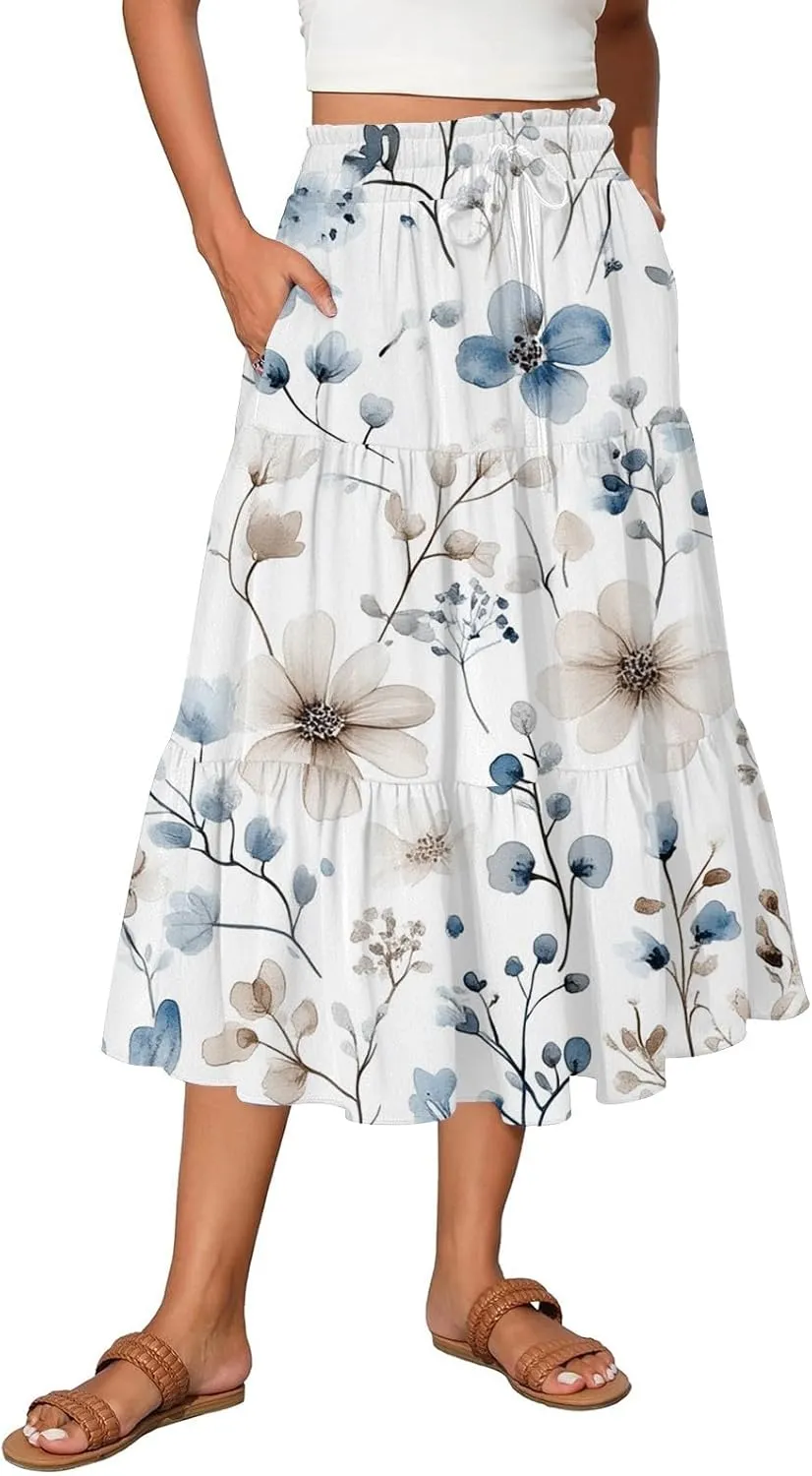 Women's Midi Skirts High Waist A-Line Flowy Summer Skirts for Women Trendy