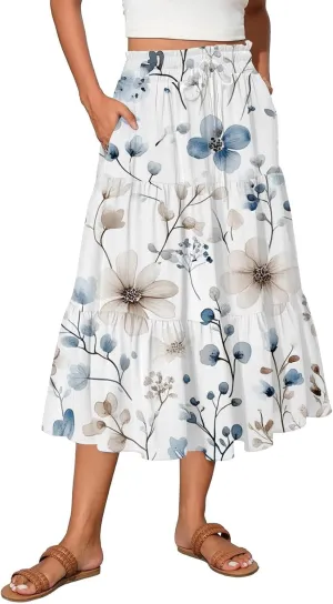 Women's Midi Skirts High Waist A-Line Flowy Summer Skirts for Women Trendy