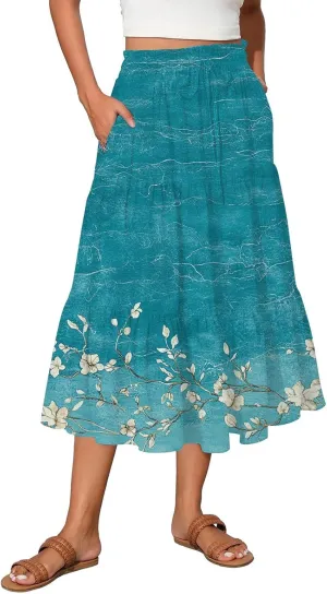 Women's Midi Skirts High Waist A-Line Flowy Summer Skirts for Women Trendy