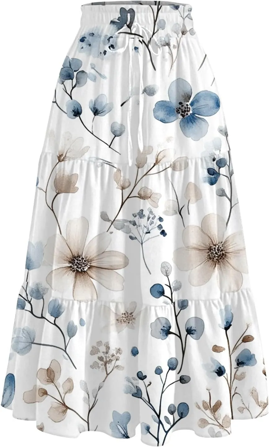 Women's Midi Skirts High Waist A-Line Flowy Summer Skirts for Women Trendy