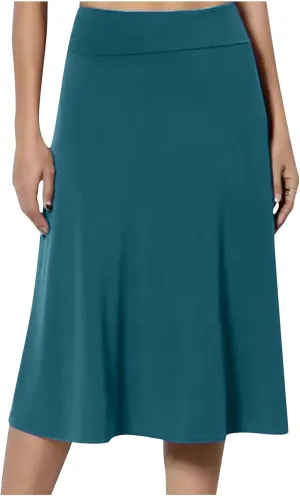 Womens Midi Skirts Solid Summer Skirt Plus Size Casual Skirts A Line Maxi Skirt Comfy Stretch Skirt Below Knee Skirts