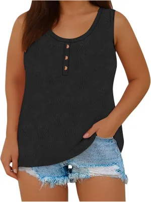 Womens Plus Size Tank Tops Summer Sleeveless Henley T-Shirts Casual Loose Fit Ribbed Knit Vest Crewneck Tunic Blouse