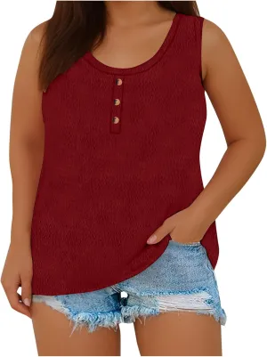 Womens Plus Size Tank Tops Summer Sleeveless Henley T-Shirts Casual Loose Fit Ribbed Knit Vest Crewneck Tunic Blouse