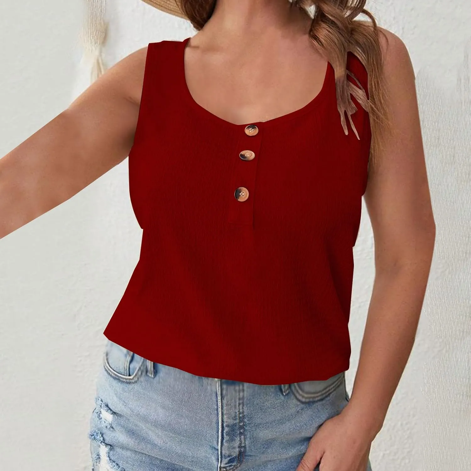 Womens Plus Size Tank Tops Summer Sleeveless Henley T-Shirts Casual Loose Fit Ribbed Knit Vest Crewneck Tunic Blouse