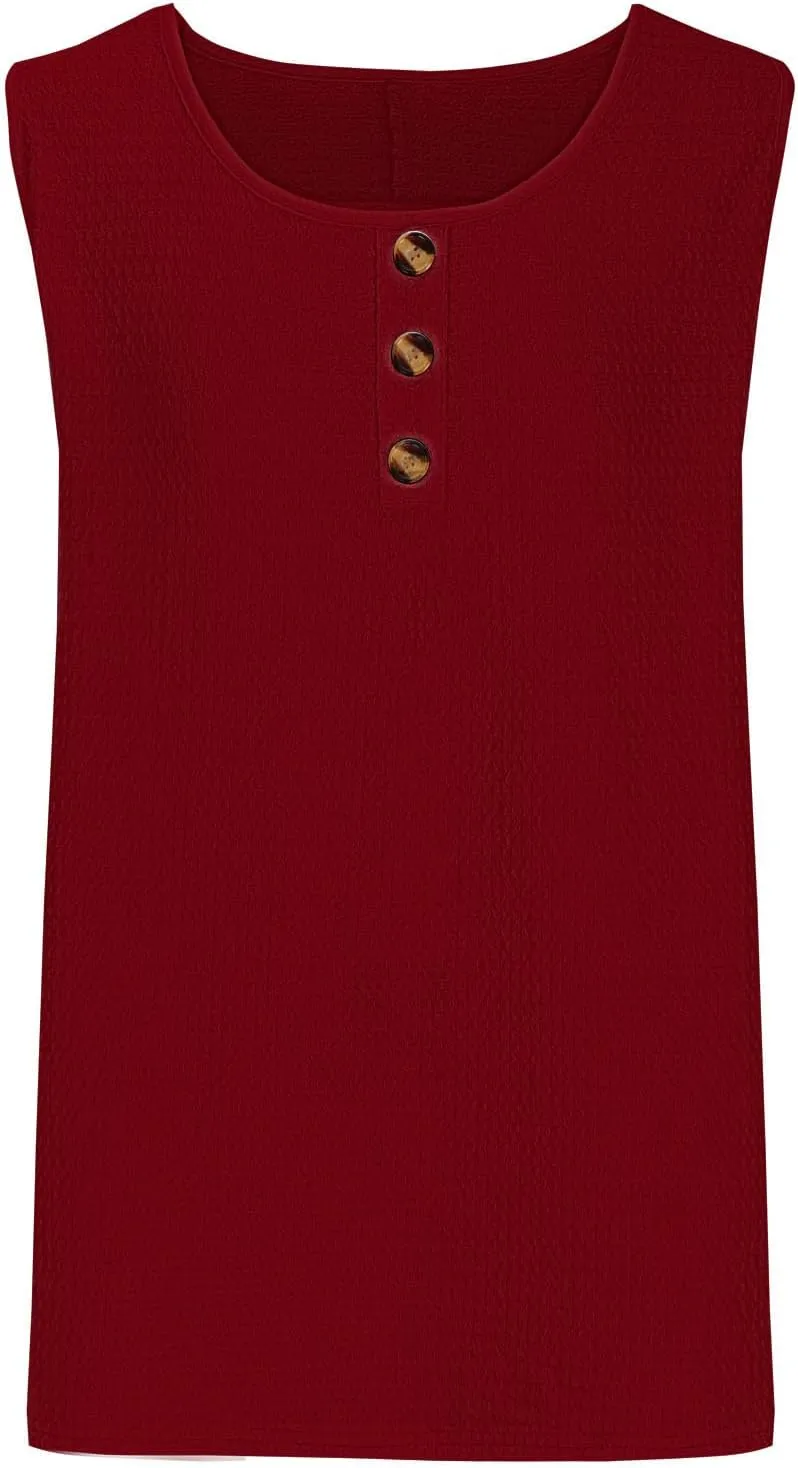 Womens Plus Size Tank Tops Summer Sleeveless Henley T-Shirts Casual Loose Fit Ribbed Knit Vest Crewneck Tunic Blouse