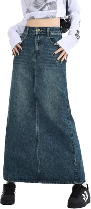 Women's Retro High Waist A Line Long Skirts Washed Cargo Denim Slit Skirt Streetwear